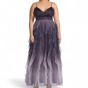 Plus Size Ombre Glitter Mesh Sleeveless V-Neck Purple Dress, Ruffle, prom hoco